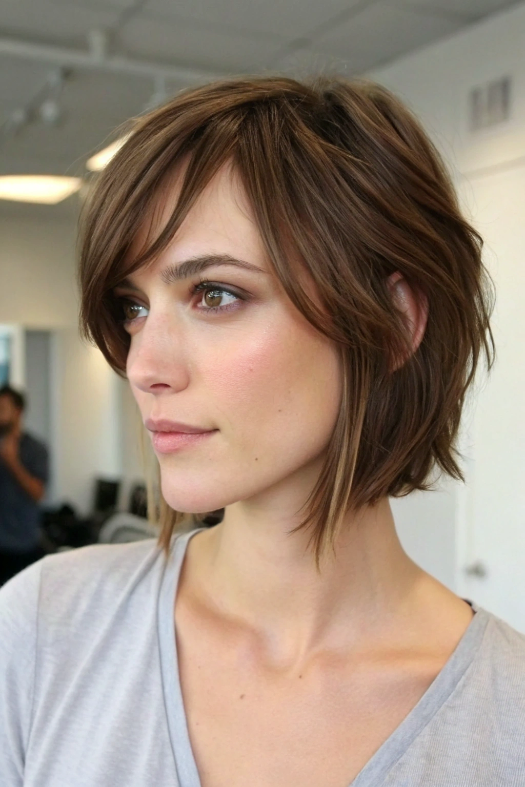 1) layered long pixie with side swept bangs