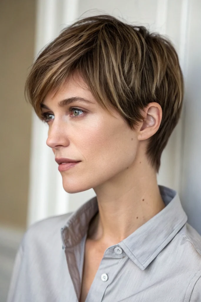 Natural colored long pixie with layers