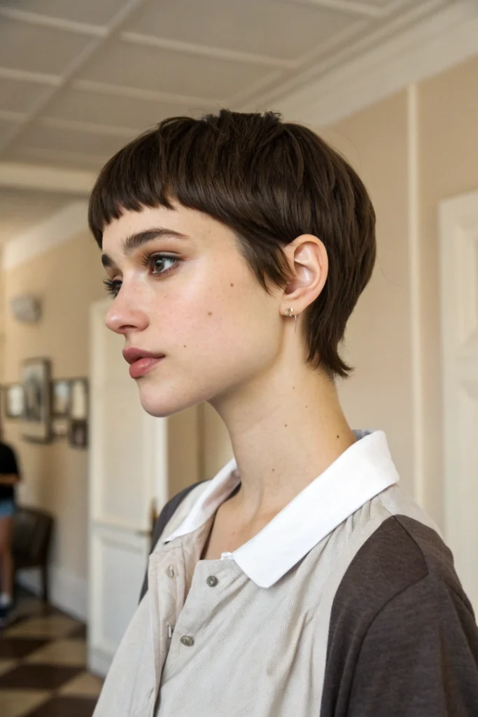 Side bangs paired with pixie cut