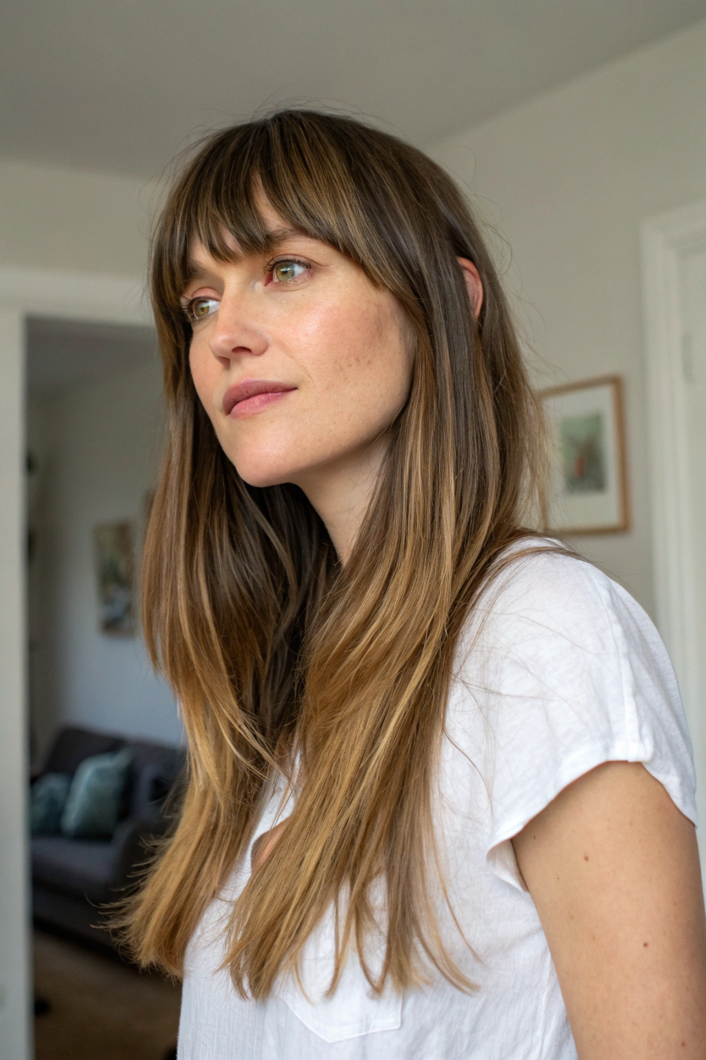 6) long side bangs tucked behind ear