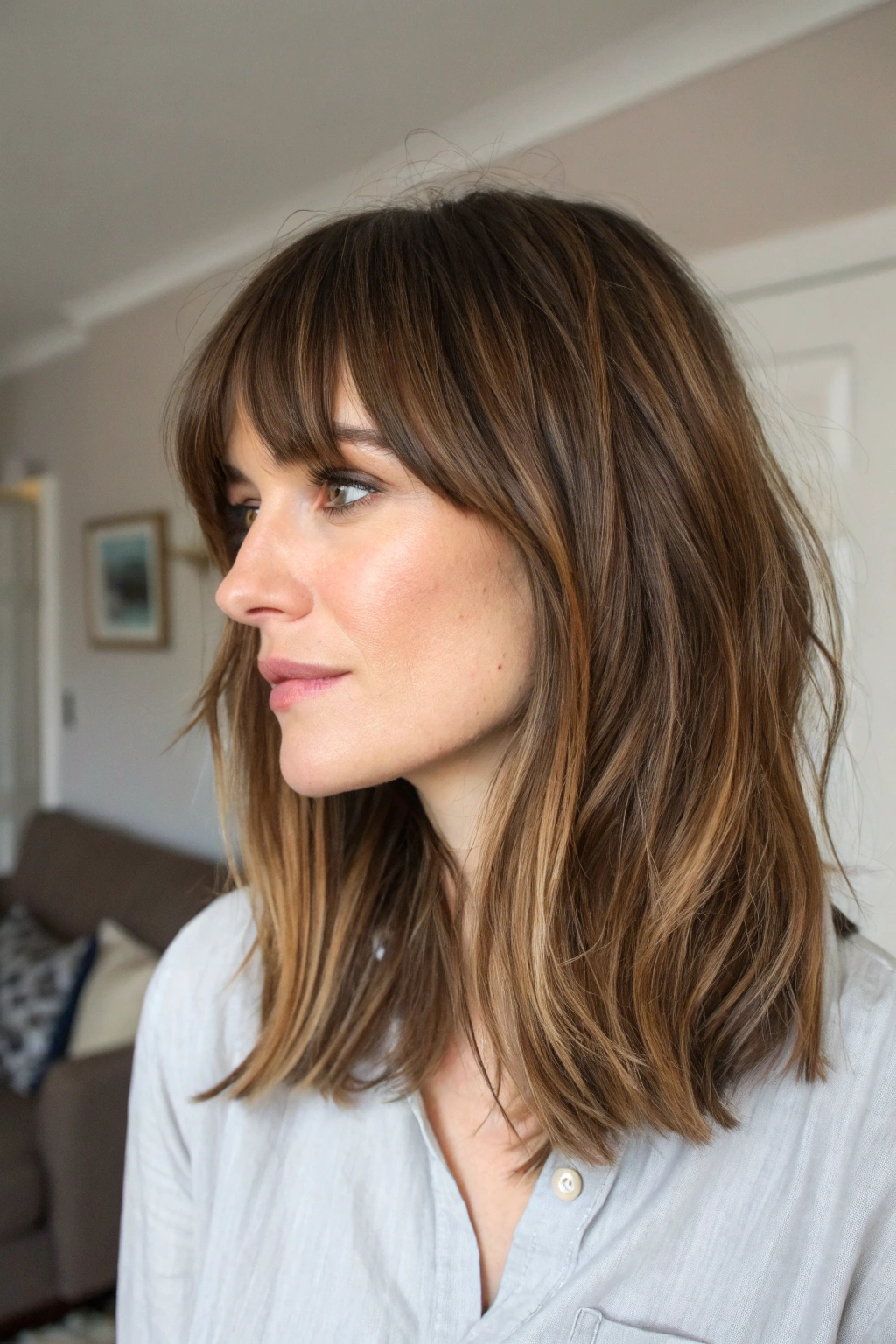 13) subtle side bangs with balayage highlights