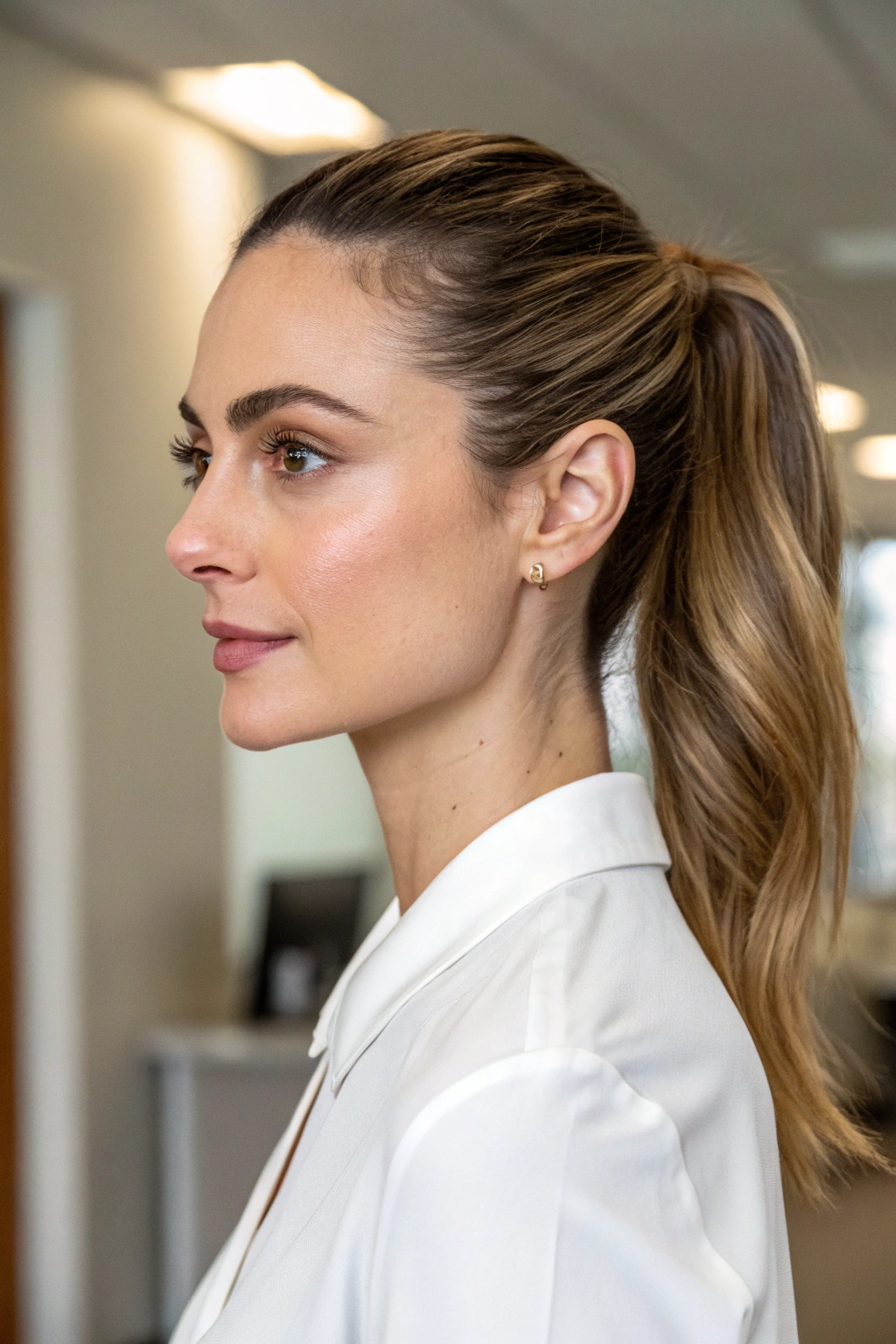 10) polished low ponytail with volume