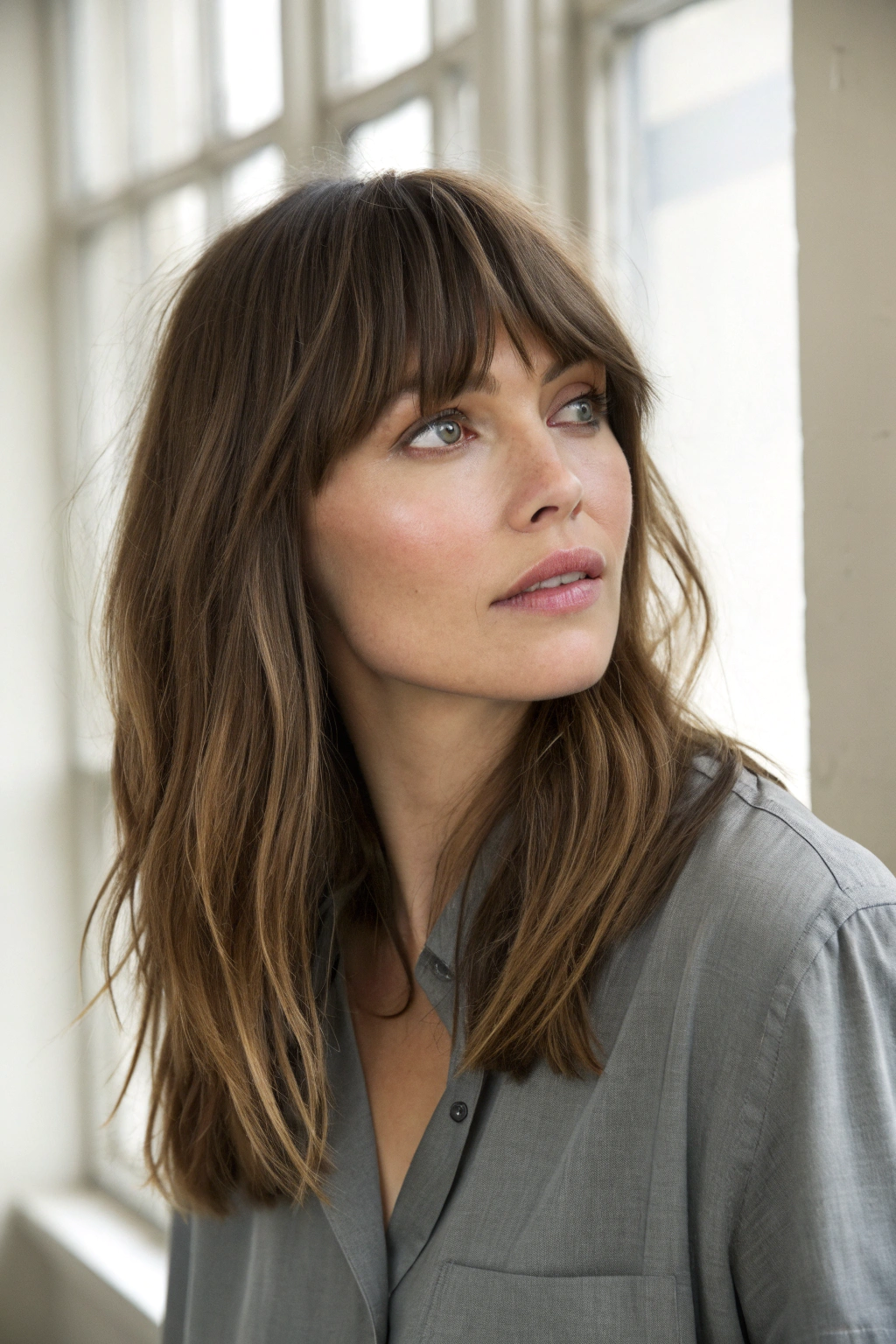 3) thick cheekbone-hitting side bangs