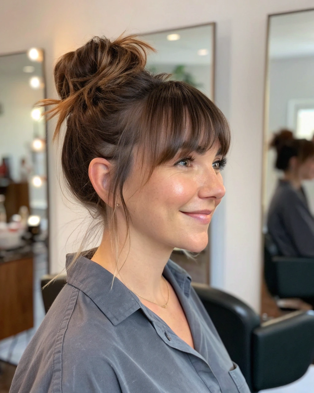 8. Messy bun with bangs