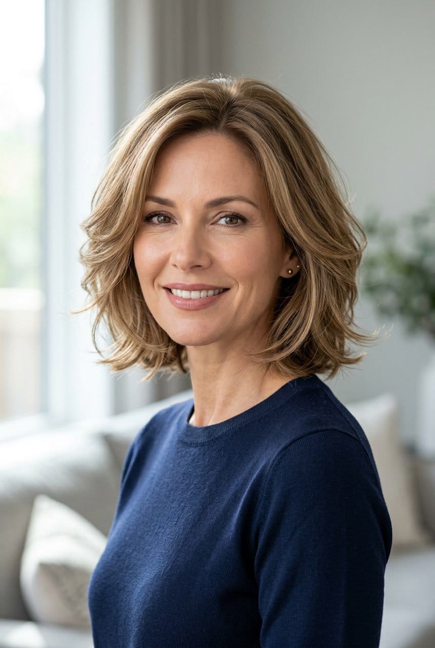 Close-up portrait of a woman with short layered hair, smiling gently against a blurred background.