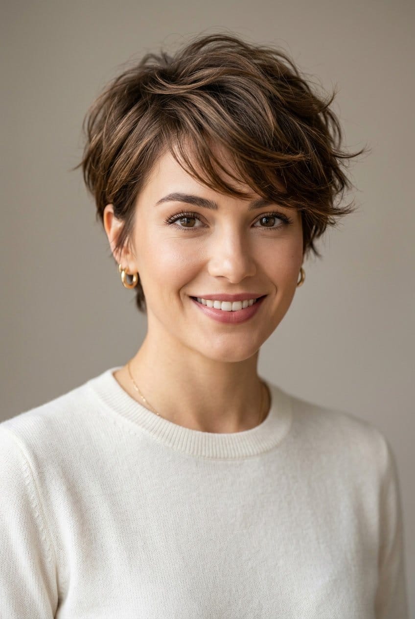 Close-up portrait of a young woman with short layered hair and a neutral background.