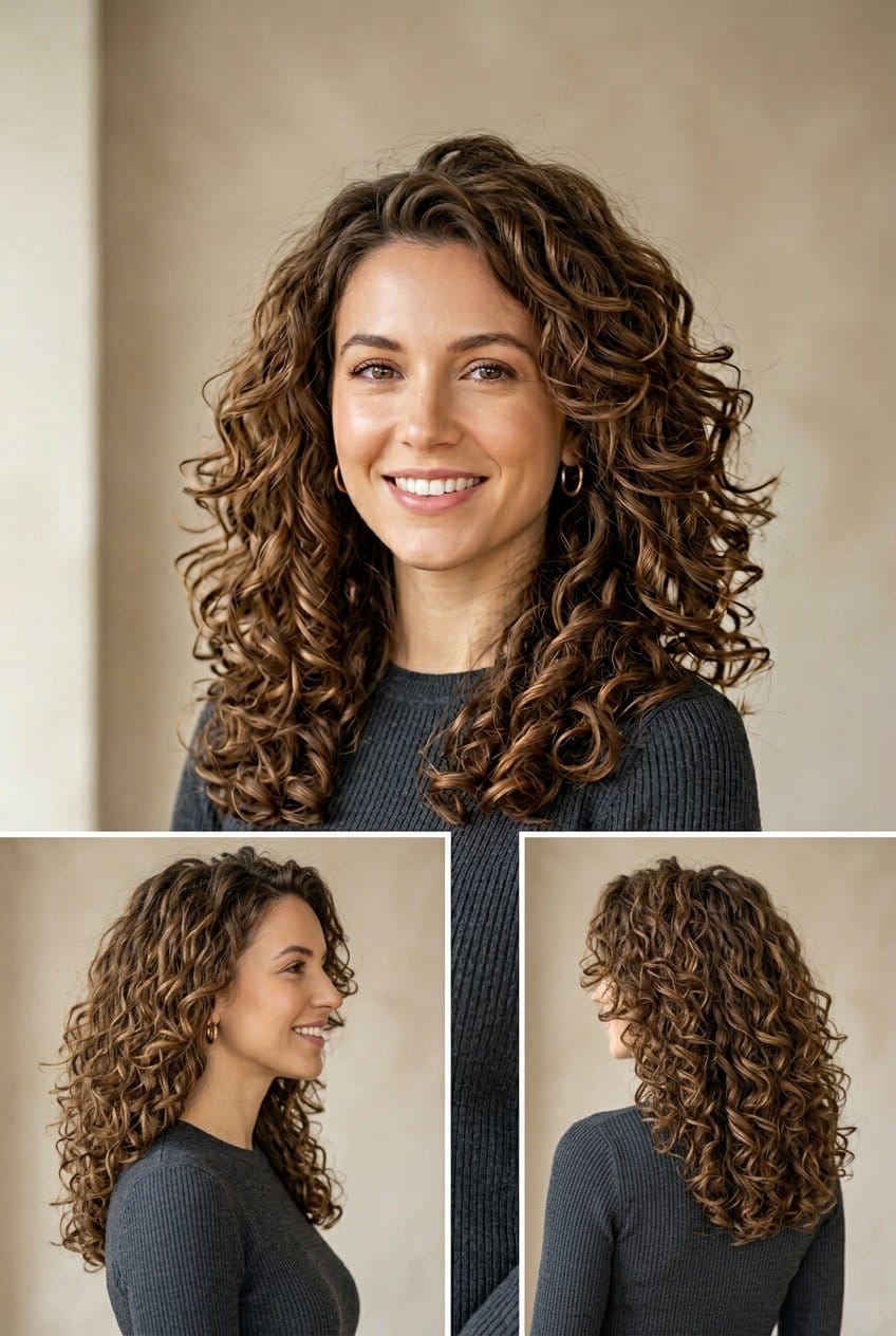 A woman with fine hair styled in layered curls, smiling against a plain background.