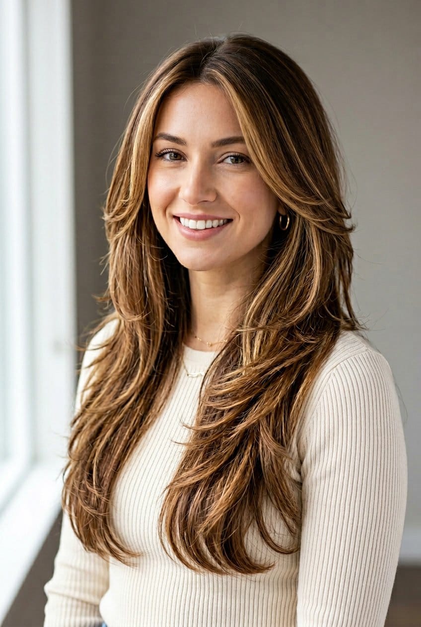 A woman with long layered hair and face-framing highlights looking confidently at the camera against a neutral background.