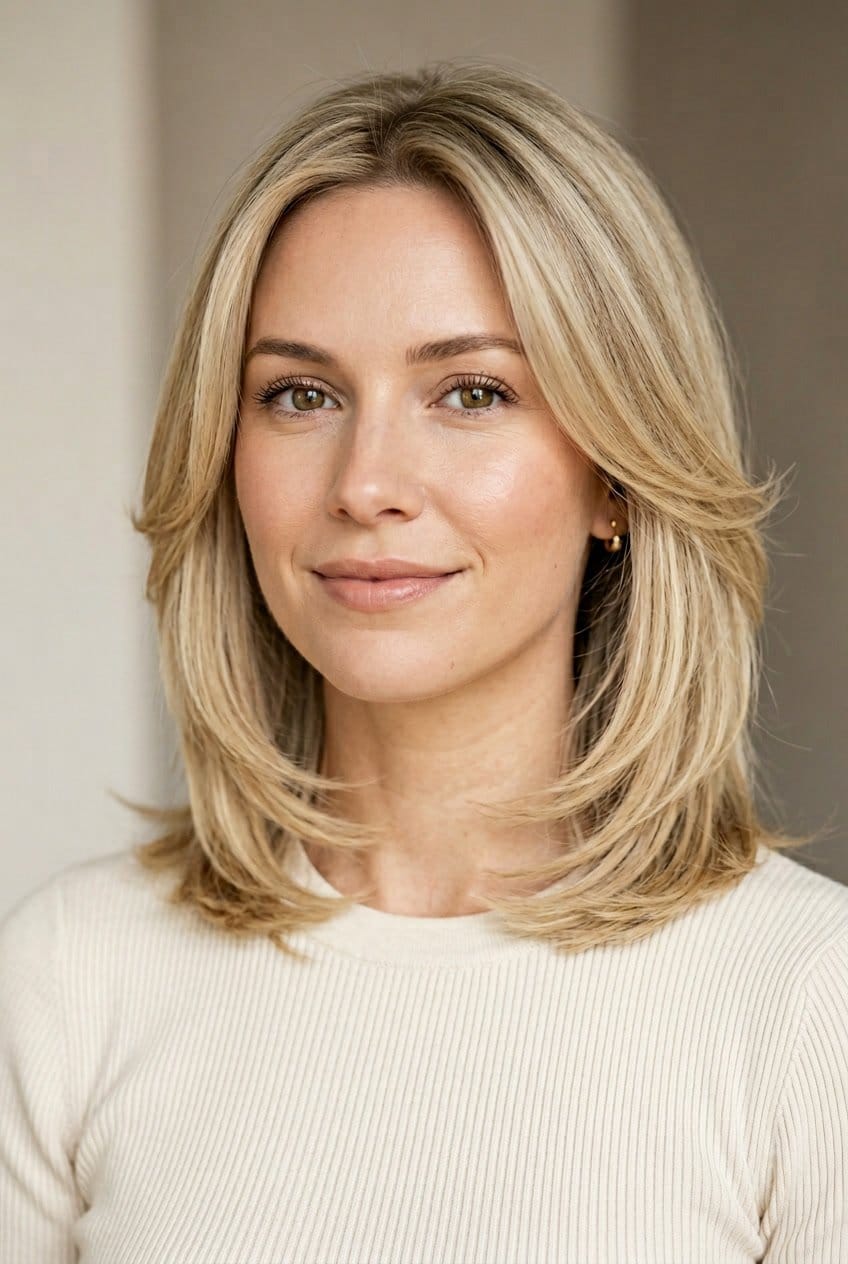 Close-up portrait of a woman with medium-length layered hair, looking confidently at the camera against a plain background.