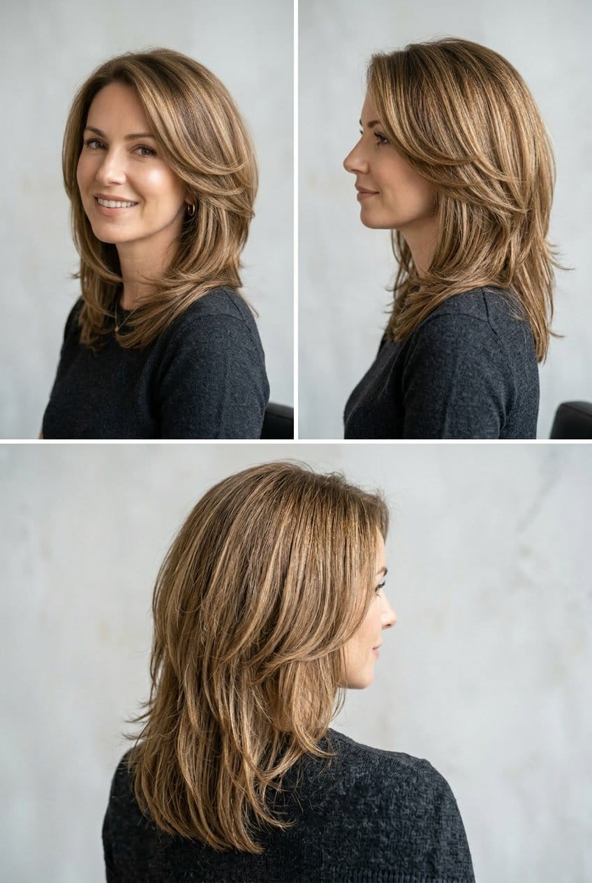 A woman with fine hair styled in layered haircuts that add volume and fullness, shown against a plain background.