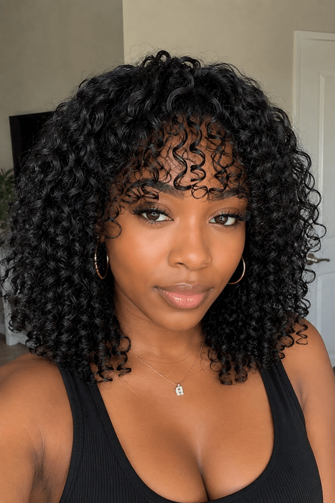 Defined curly bangs with shoulder length hair