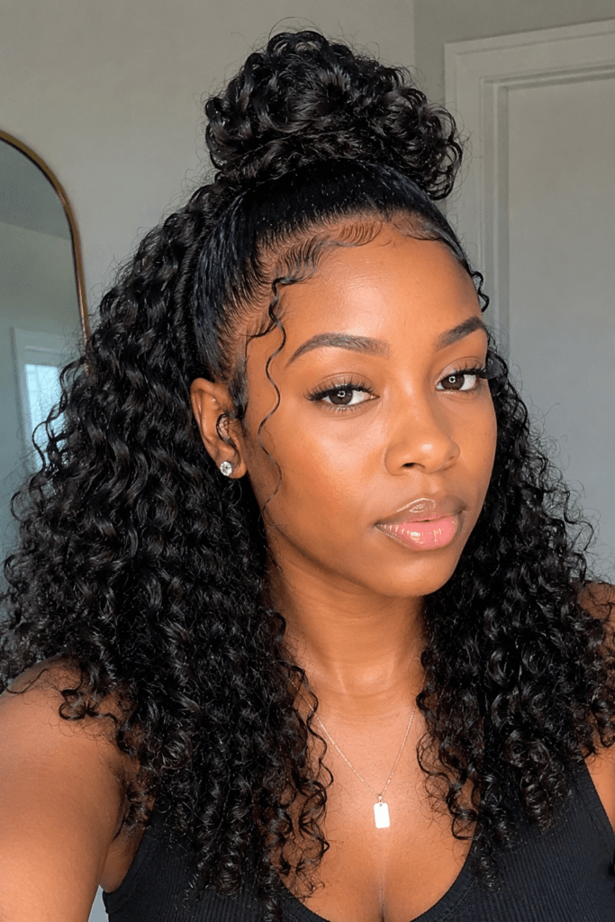 Half up top knot with loose curls