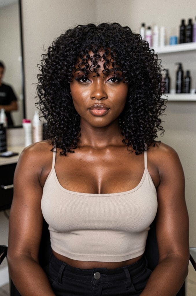 Defined curly bangs with shoulder-length hair