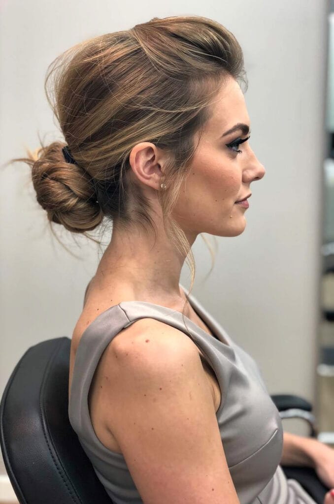 Messy low bun with teased crown