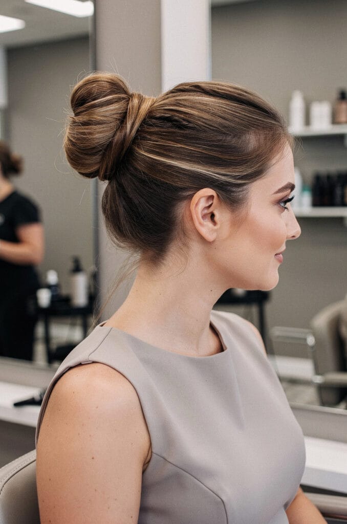 Sculpted bun with root-backcombing