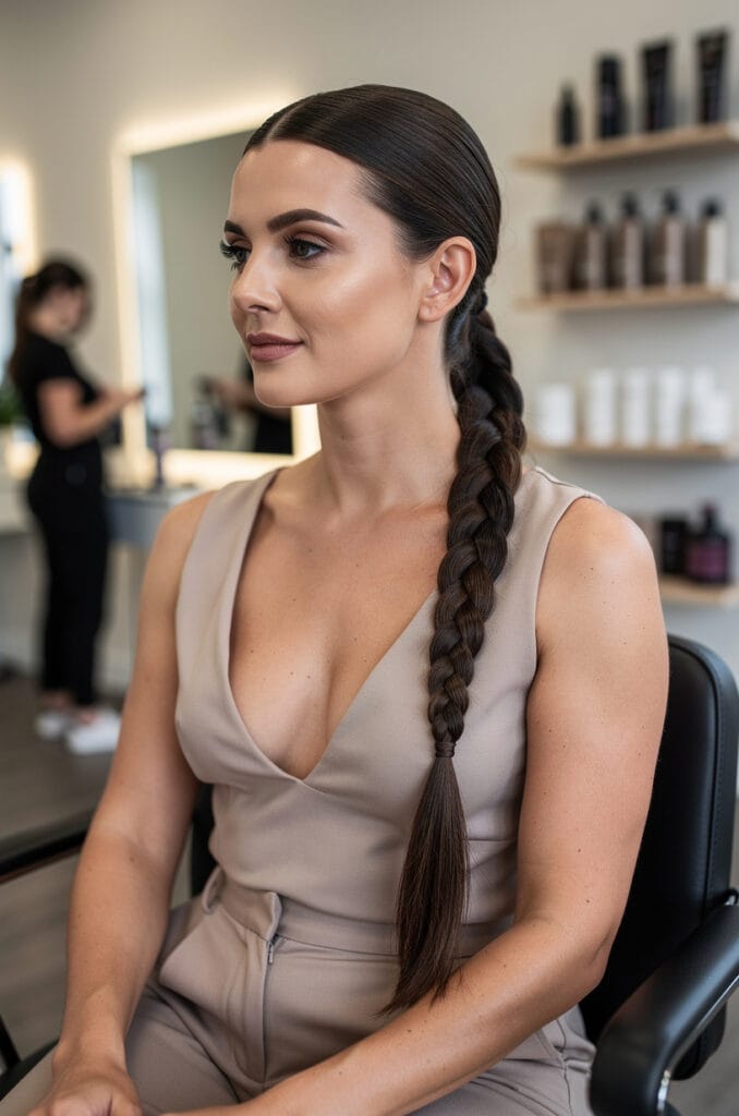 Sleek braided pony with center part