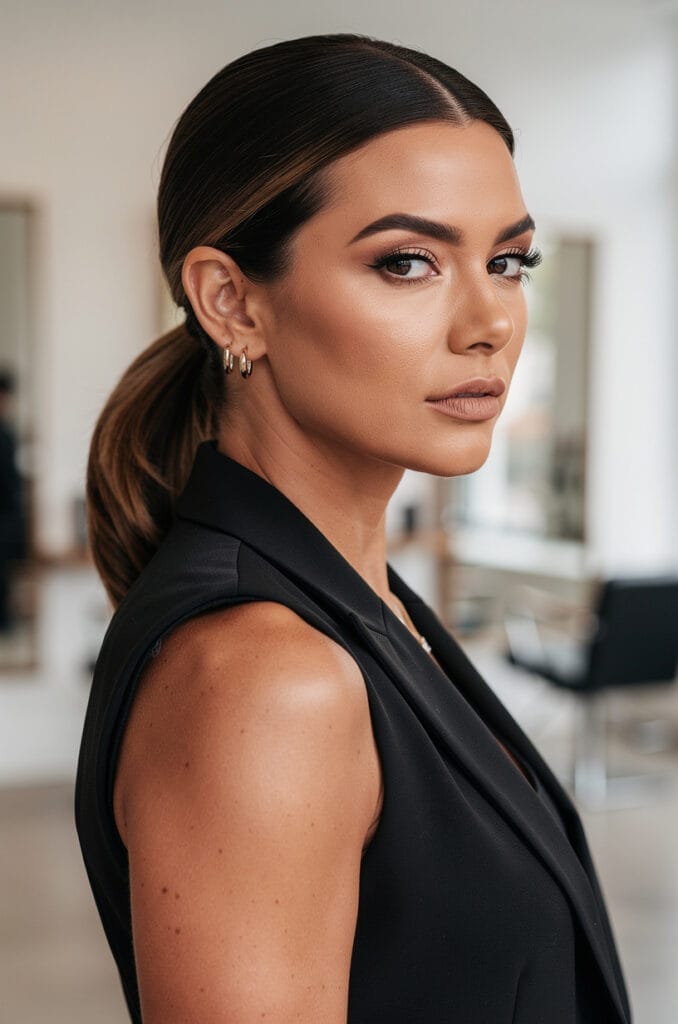 Sleek center-part ponytail