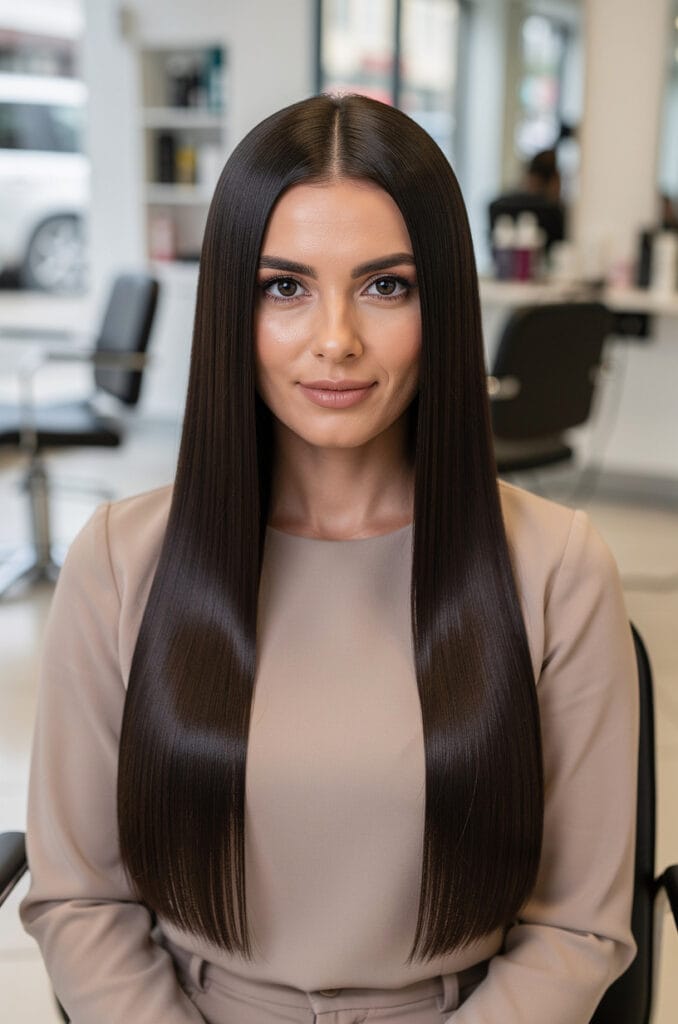Sleek middle part straight hair