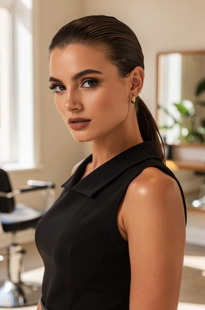 Slicked-back wet look ponytail