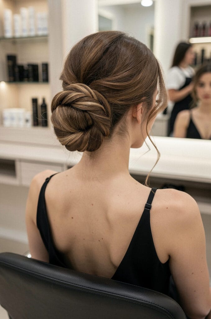 Wrapped low bun with ribbon texture