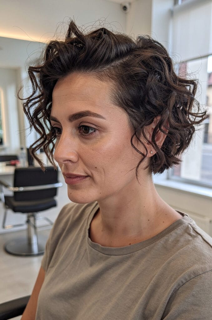 6. Textured curly pixie with side part