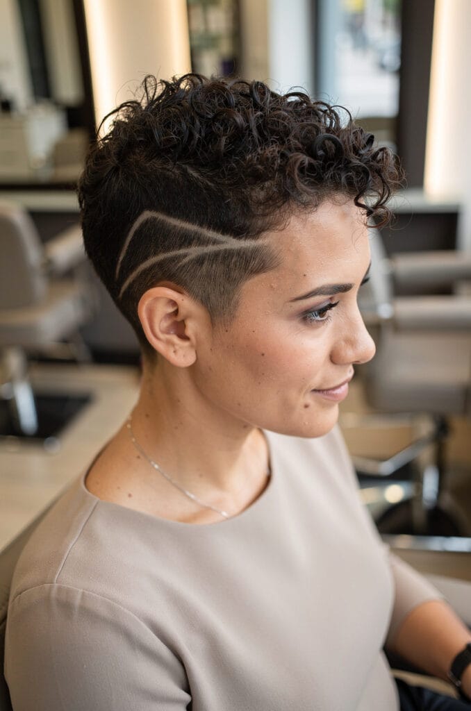 7. Curly pixie with shaved design