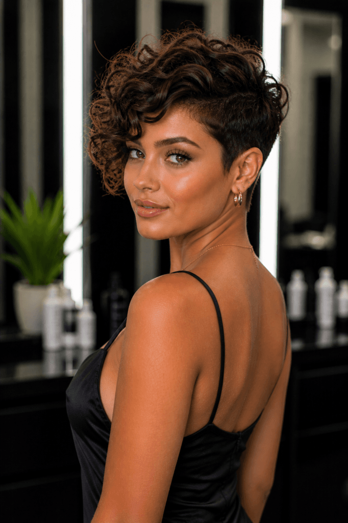 Asymmetrical curly pixie