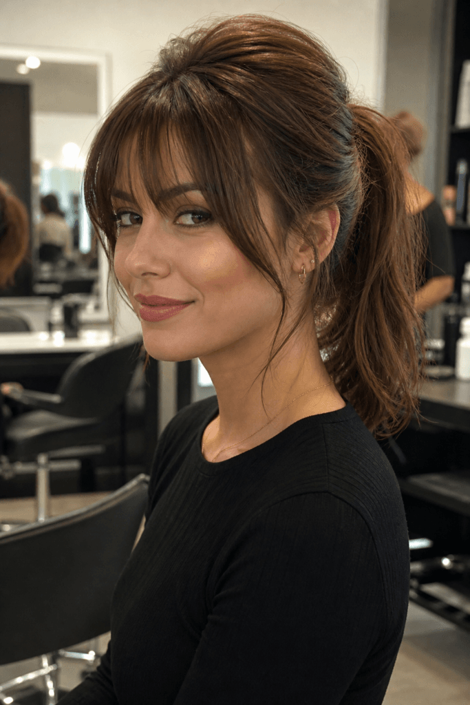 Ponytail with bangs and volume at crown