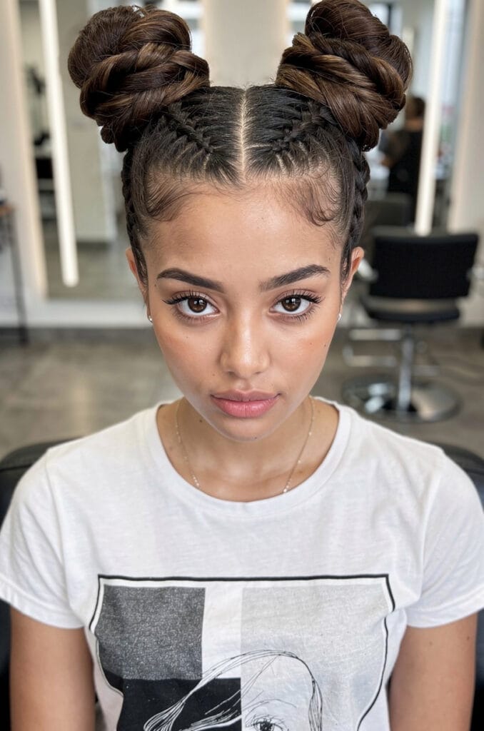 Cornrow space buns updo 678x1024 1