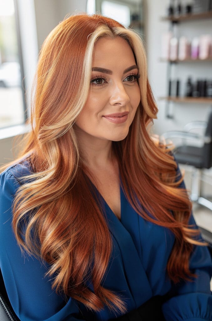 Golden copper with blonde face framing 678x1024 1