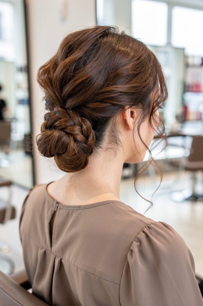 Low braided bun with tendrils 678x1024 1