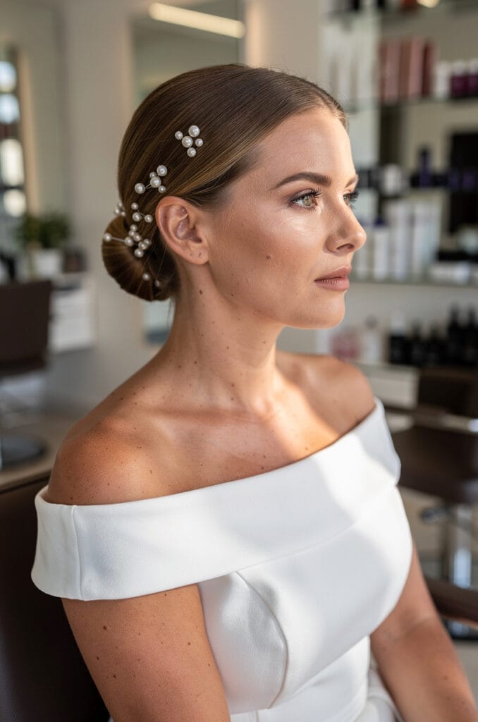 Low chignon with pearls 678x1024 2