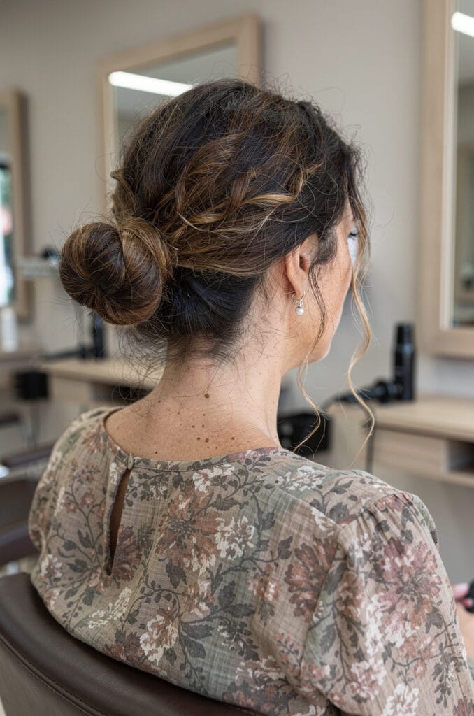Low messy bun with face framing curls