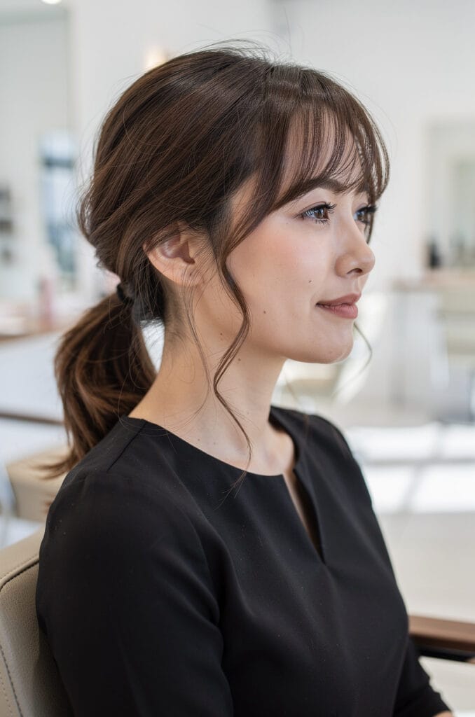 Low ponytail with wispy bangs