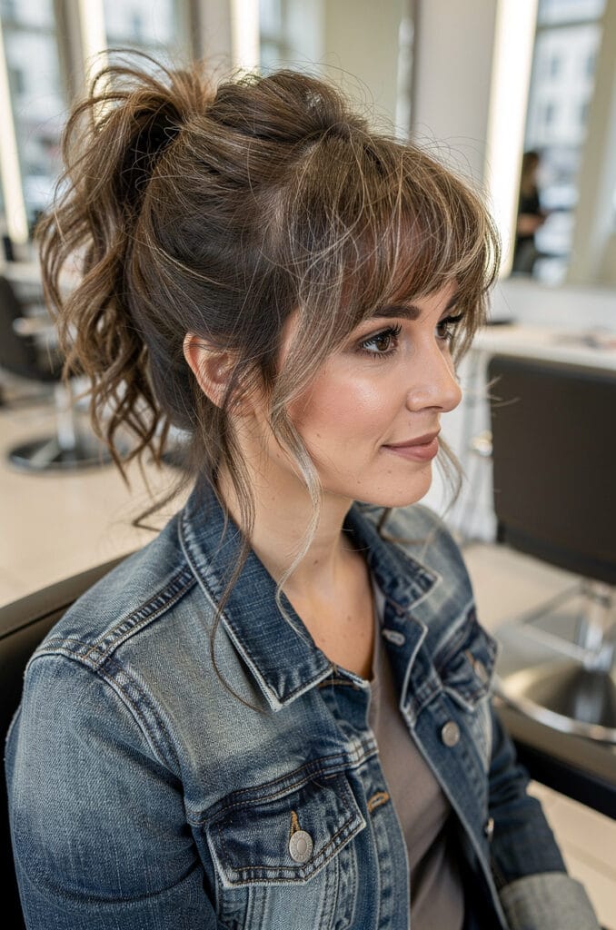 Messy ponytail with textured bangs