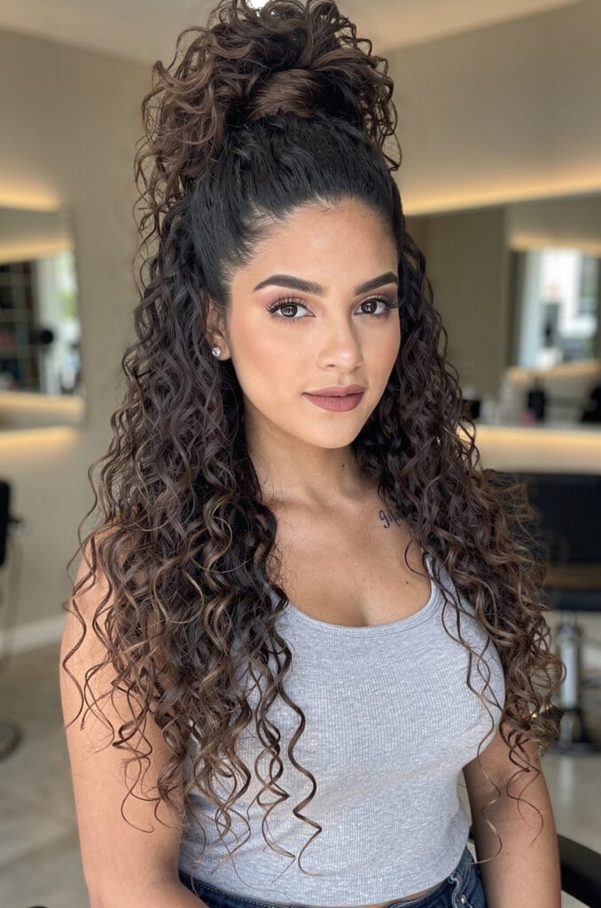 Pineapple updo for long curls