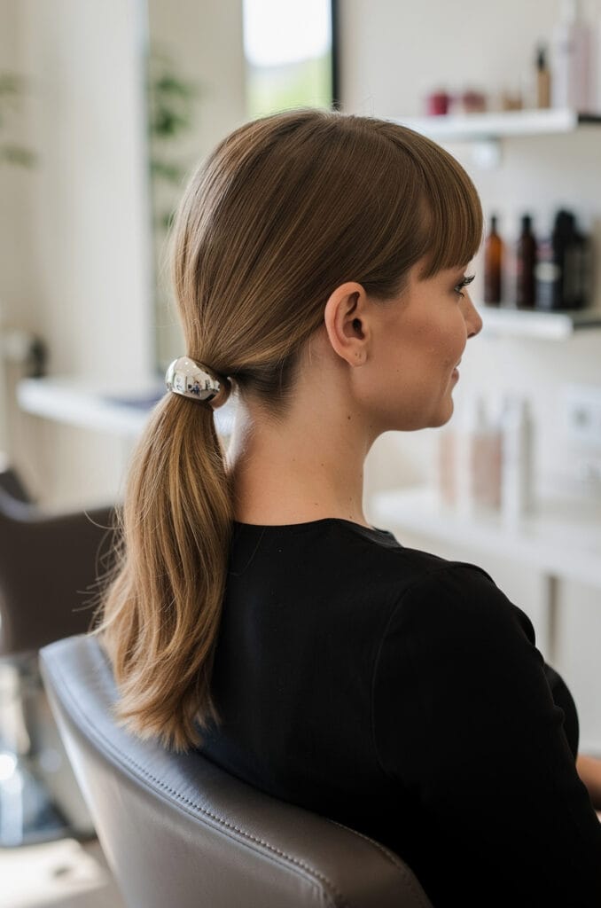 Ponytail with bangs and a hair cuff