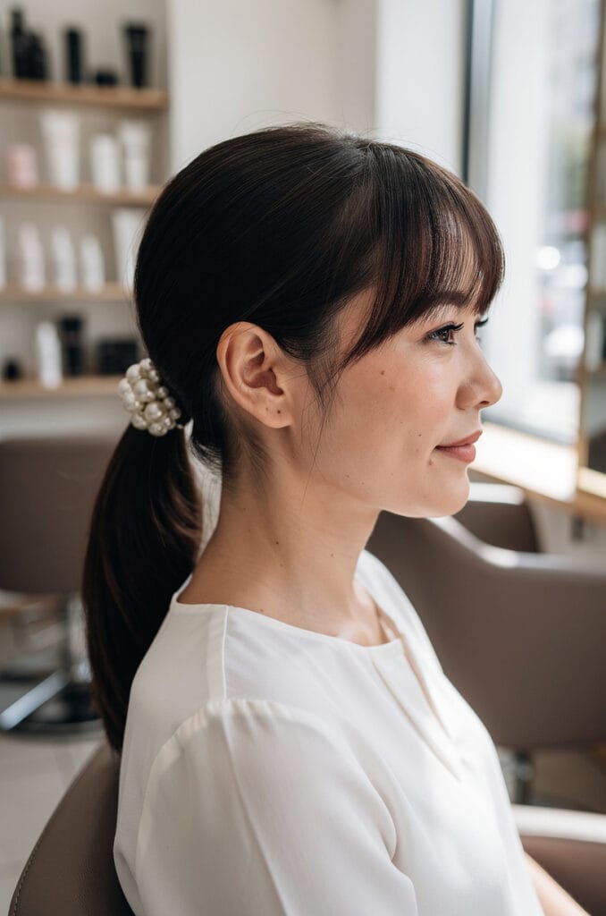 Ponytail with bangs and a pearl clip