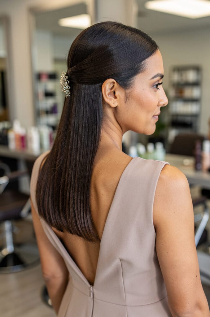 Sleek straight with a hair clip