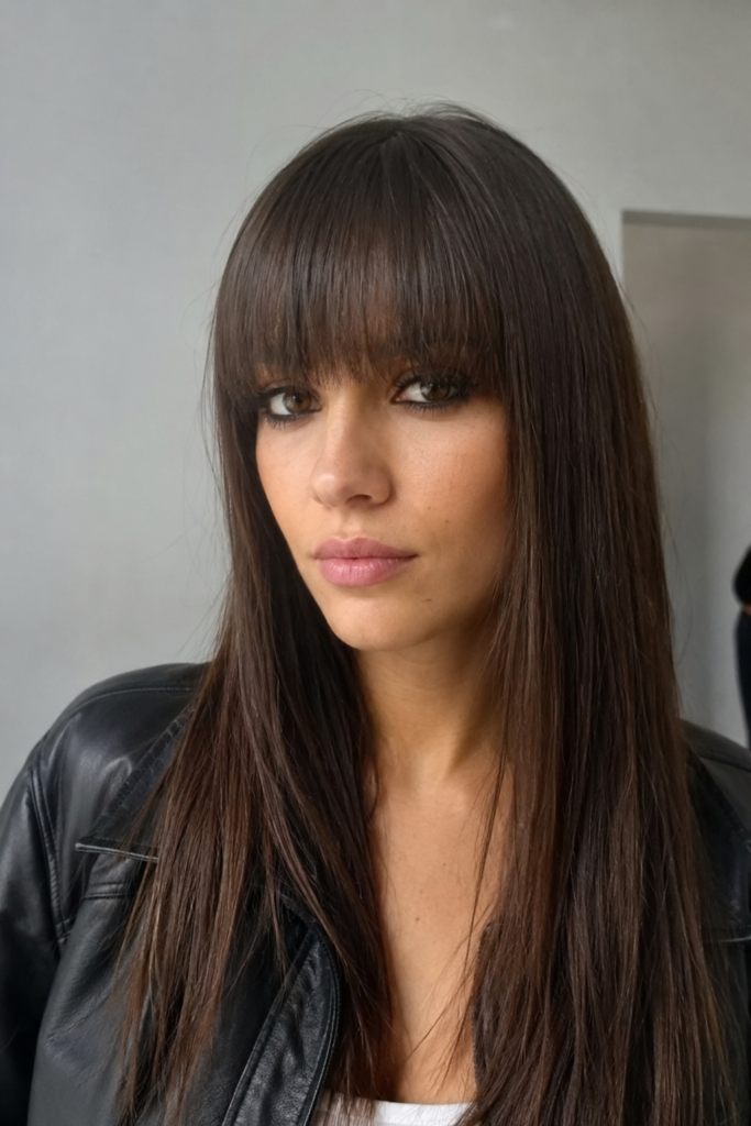 Blunt bangs with sleek straight hair