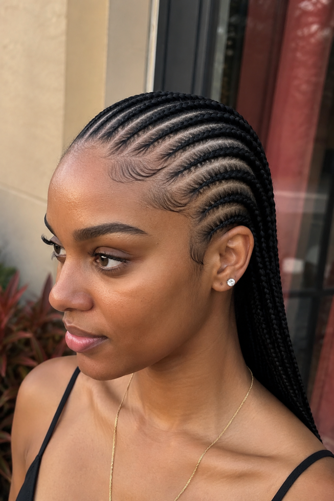 Classic straight back cornrows with a sleek finish