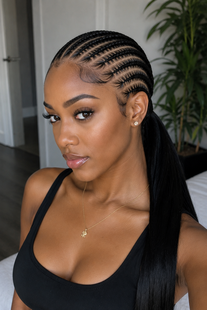 Cornrows with a sleek low ponytail