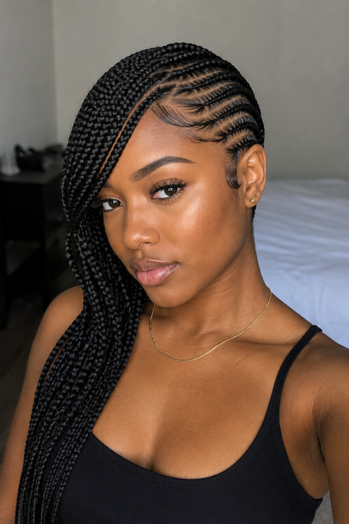 Cornrows with a sweeping side fringe