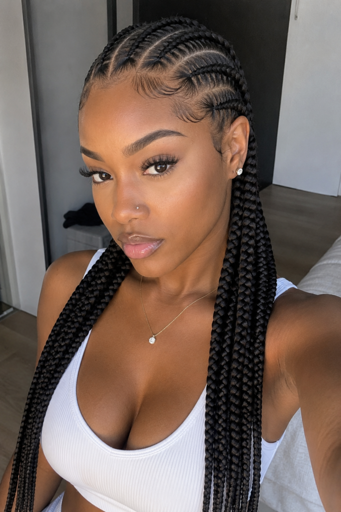 Feed in cornrows with long braids