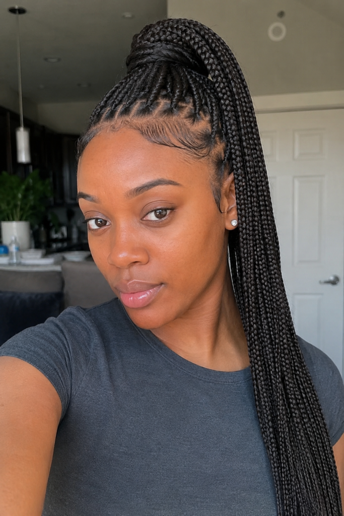 Knotless box braids in a high ponytail