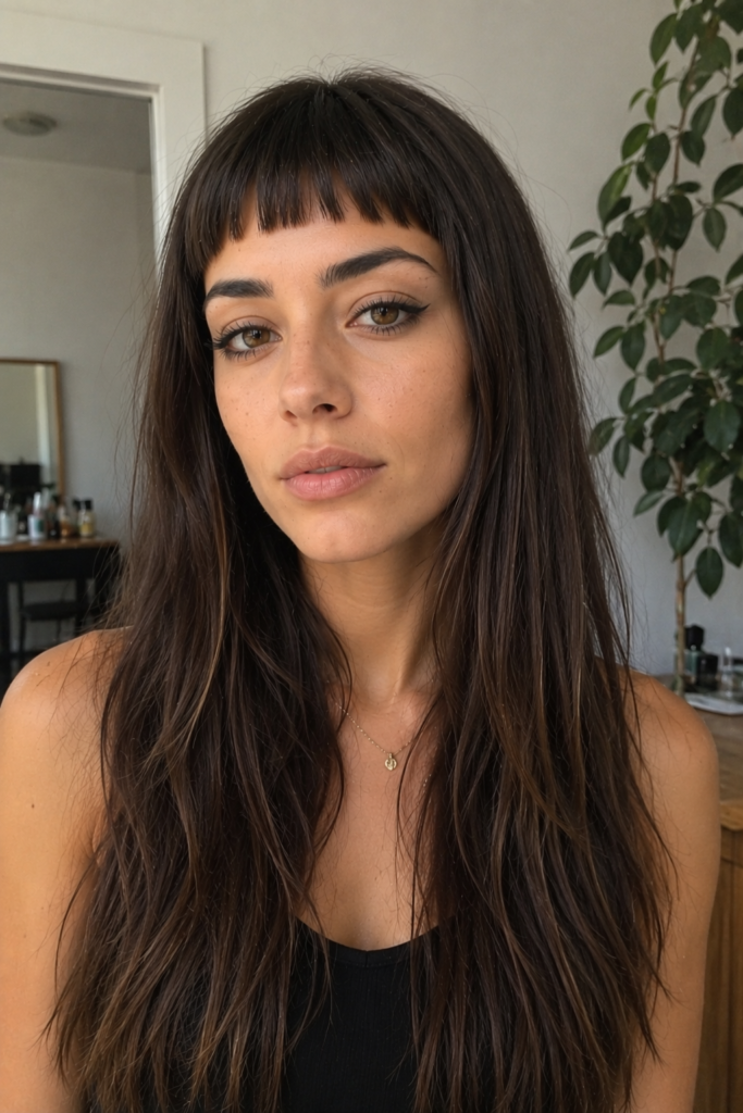 Long hair with blunt baby bangs