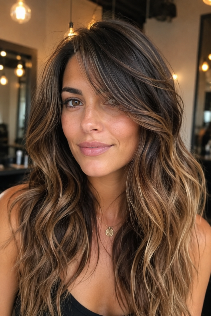 Side swept bangs with beach waves