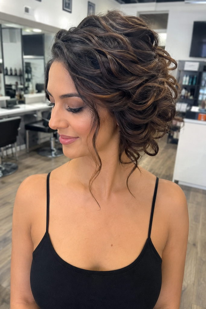 Side swept curly updo with volume