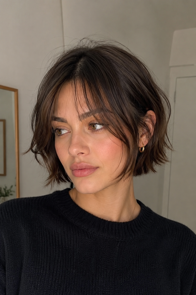 Wispy curtain bangs on short hair