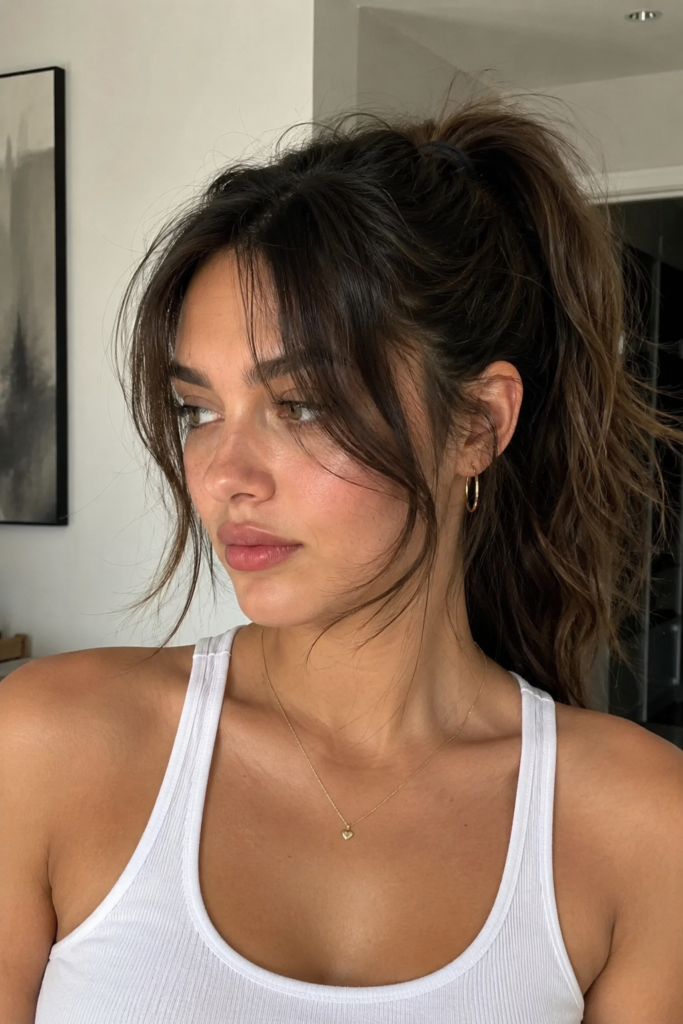 Wispy curtain bangs with a high ponytail